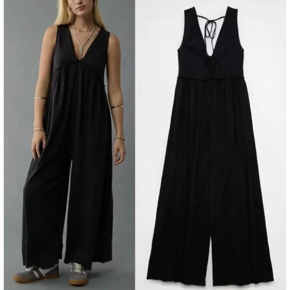 AMERICAN EAGLE Sunchaser Knit V-Neck Jumpsuit Black Wide Leg Lounge XS NWT - Picture 1 of 13